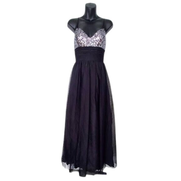 Adrianna Papell Black Sleeveless Mesh Gown Fitted Silver Sequin Bodice Size 6 - Picture 1 of 15